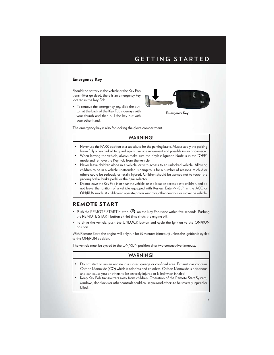 Emergency key, Remote start, Warning | Chrysler 2015 300 - User Guide User Manual | Page 11 / 188