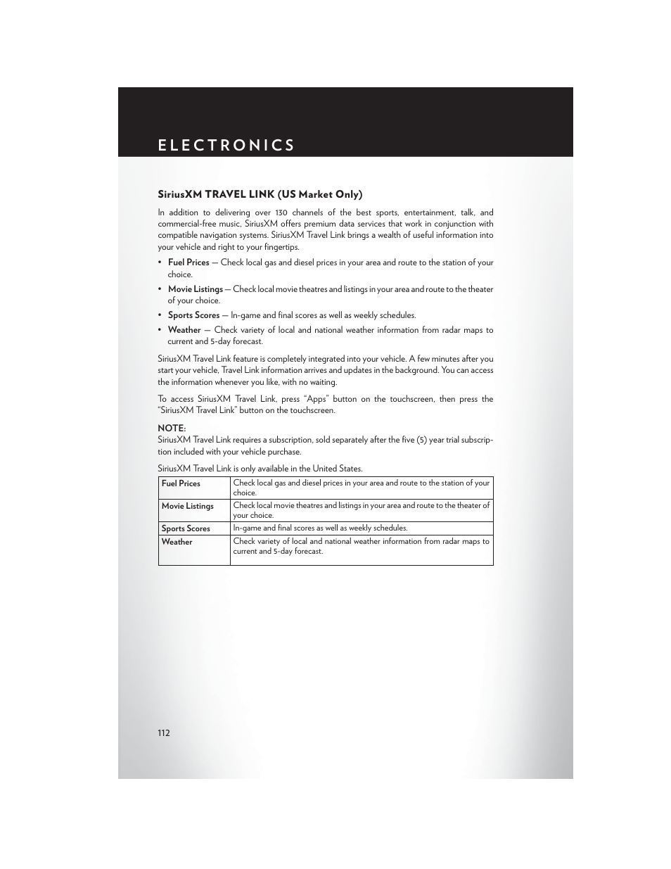 Siriusxm travel link (us market only) | Chrysler 2015 300 - User Guide User Manual | Page 114 / 188