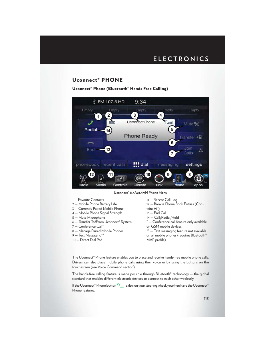 Uconnect® phone, Uconnect® phone (bluetooth® hands free calling) | Chrysler 2015 300 - User Guide User Manual | Page 115 / 188