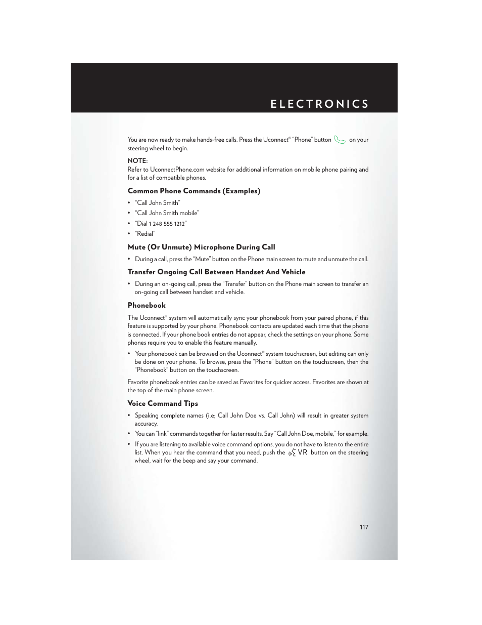 Common phone commands (examples), Mute (or unmute) microphone during call, Transfer ongoing call between handset and vehicle | Phonebook, Voice command tips | Chrysler 2015 300 - User Guide User Manual | Page 119 / 188