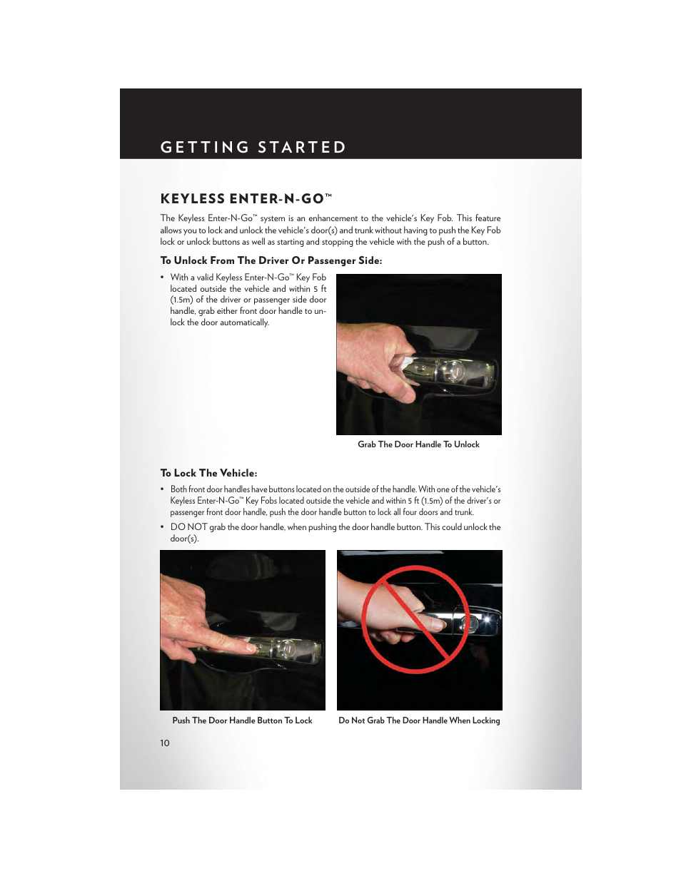 Keyless enter-n-go, To unlock from the driver or passenger side, To lock the vehicle | Chrysler 2015 300 - User Guide User Manual | Page 12 / 188