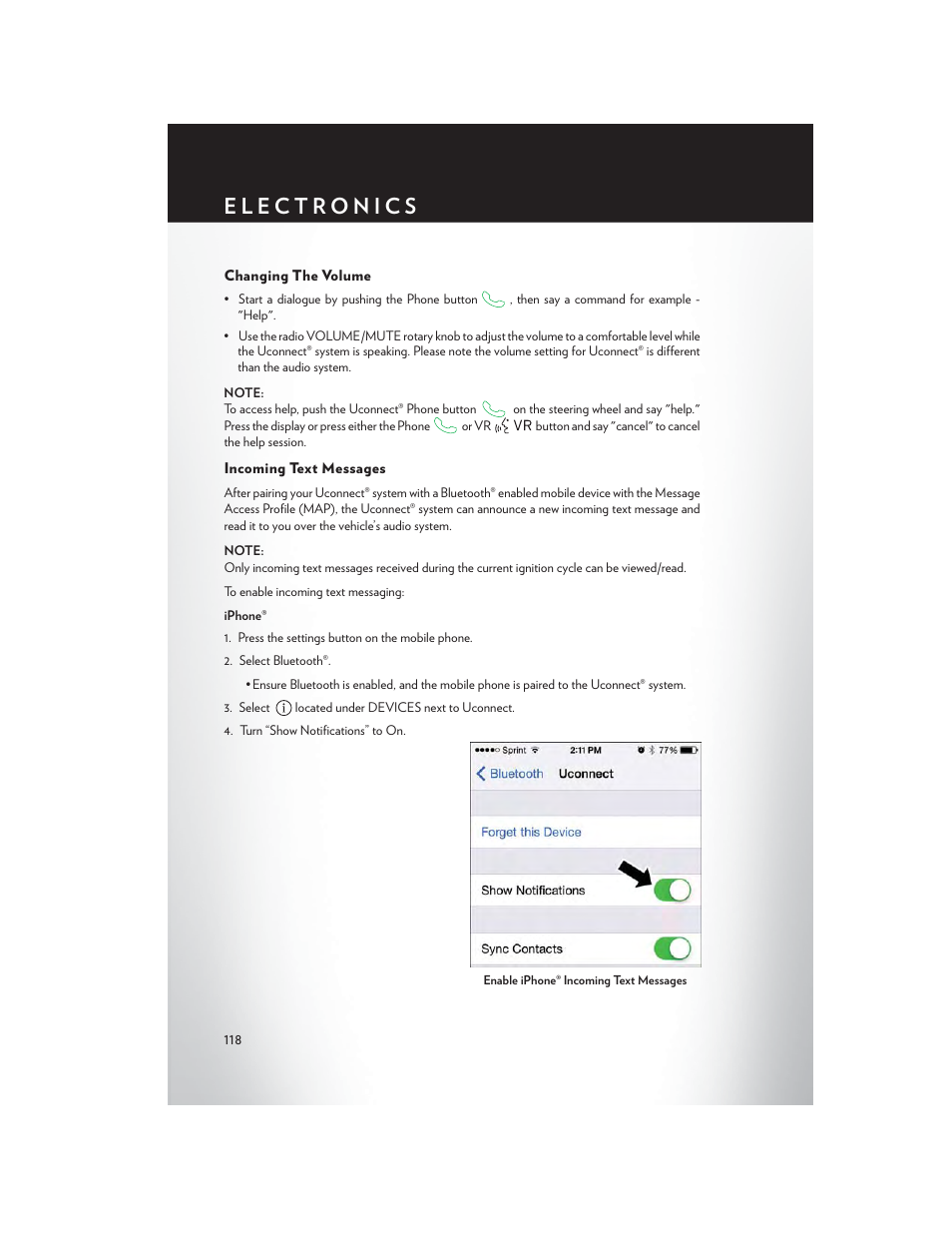 Changing the volume, Incoming text messages | Chrysler 2015 300 - User Guide User Manual | Page 120 / 188