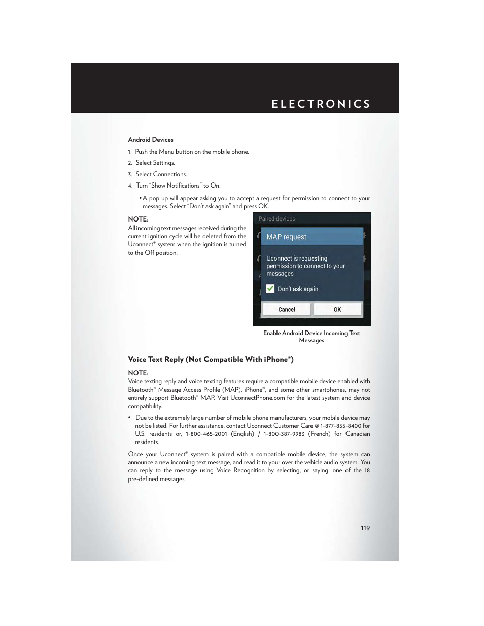 Voice text reply (not compatible with iphone®) | Chrysler 2015 300 - User Guide User Manual | Page 121 / 188