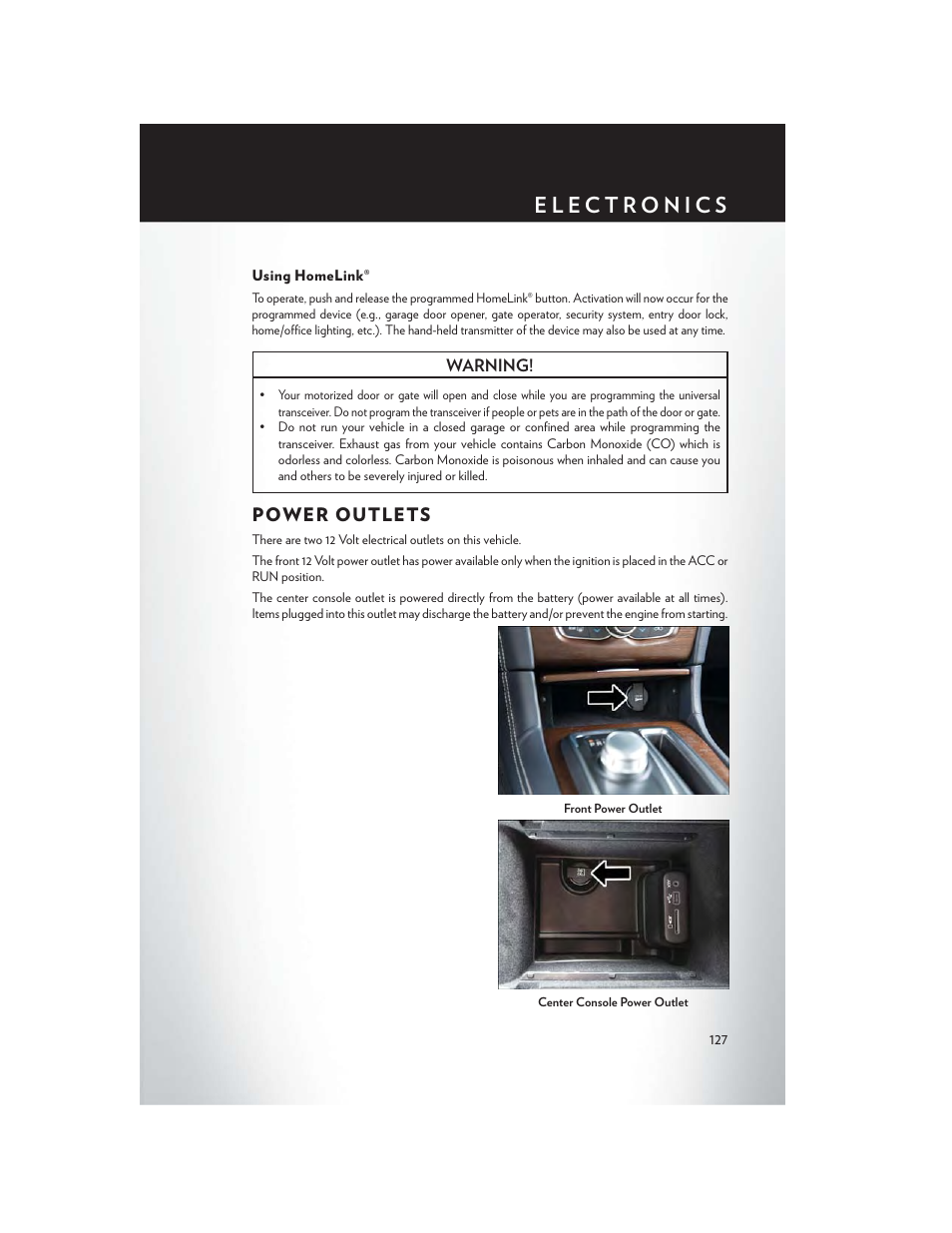 Using homelink, Power outlets | Chrysler 2015 300 - User Guide User Manual | Page 129 / 188