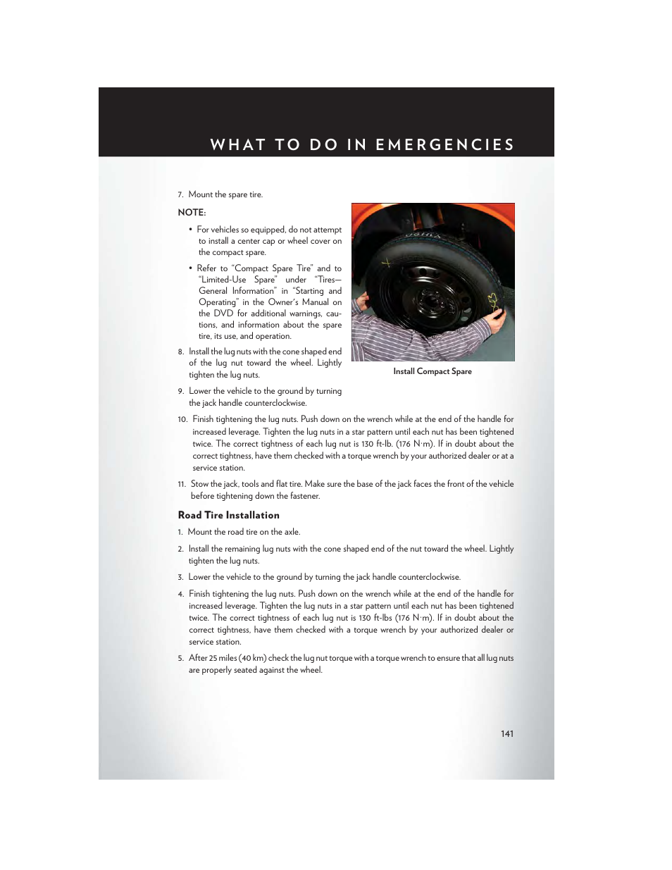 Road tire installation | Chrysler 2015 300 - User Guide User Manual | Page 143 / 188