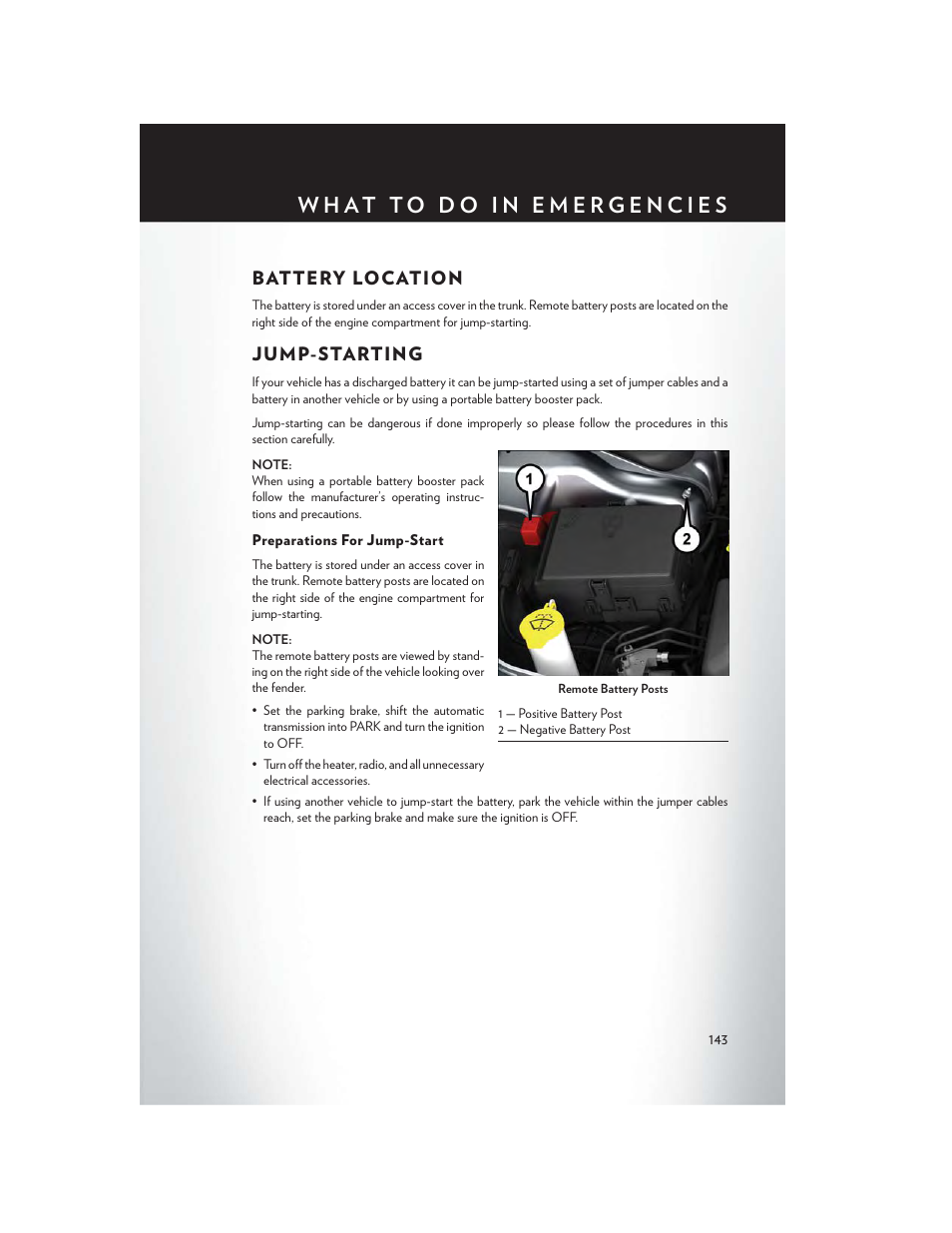 Battery location, Jump-starting, Preparations for jump-start | Chrysler 2015 300 - User Guide User Manual | Page 145 / 188