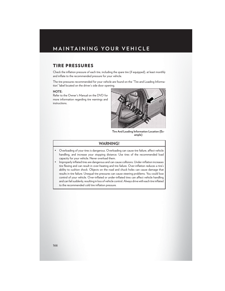 Tire pressures | Chrysler 2015 300 - User Guide User Manual | Page 168 / 188