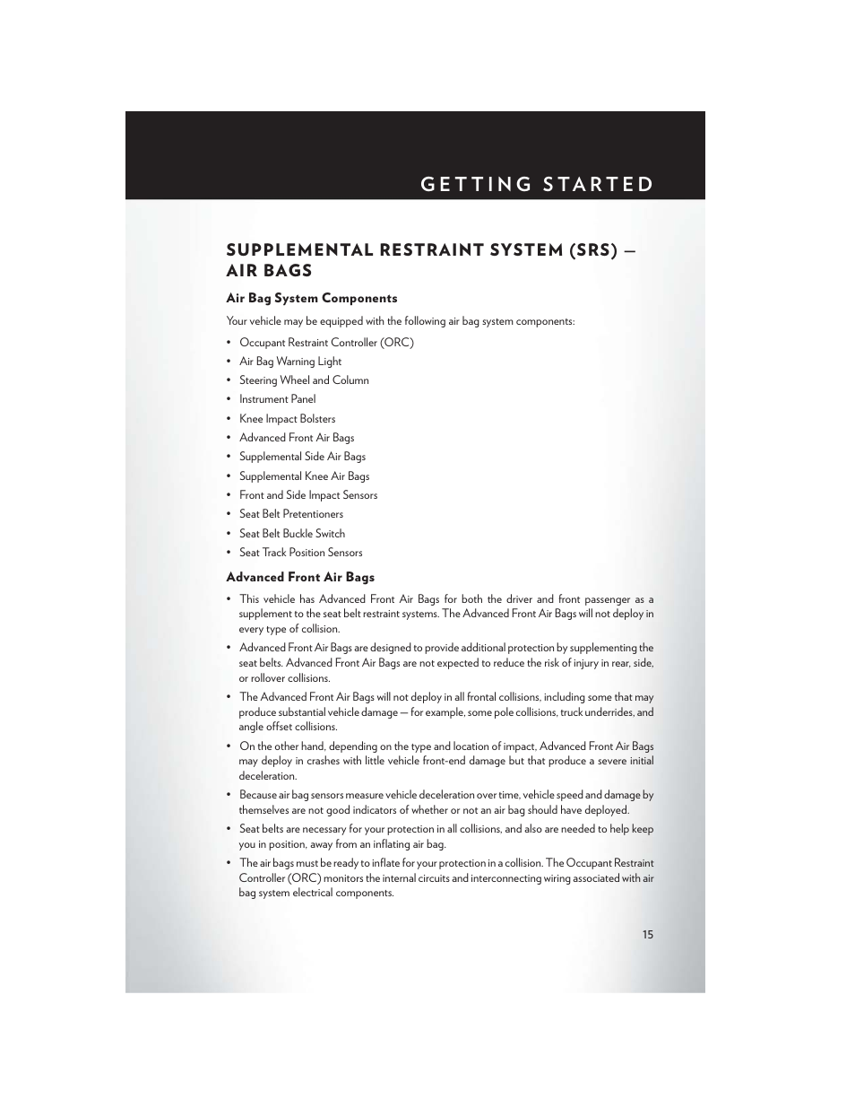 Supplemental restraint system (srs) — air bags, Air bag system components, Advanced front air bags | Supplemental restraint system, Srs) — air bags | Chrysler 2015 300 - User Guide User Manual | Page 17 / 188