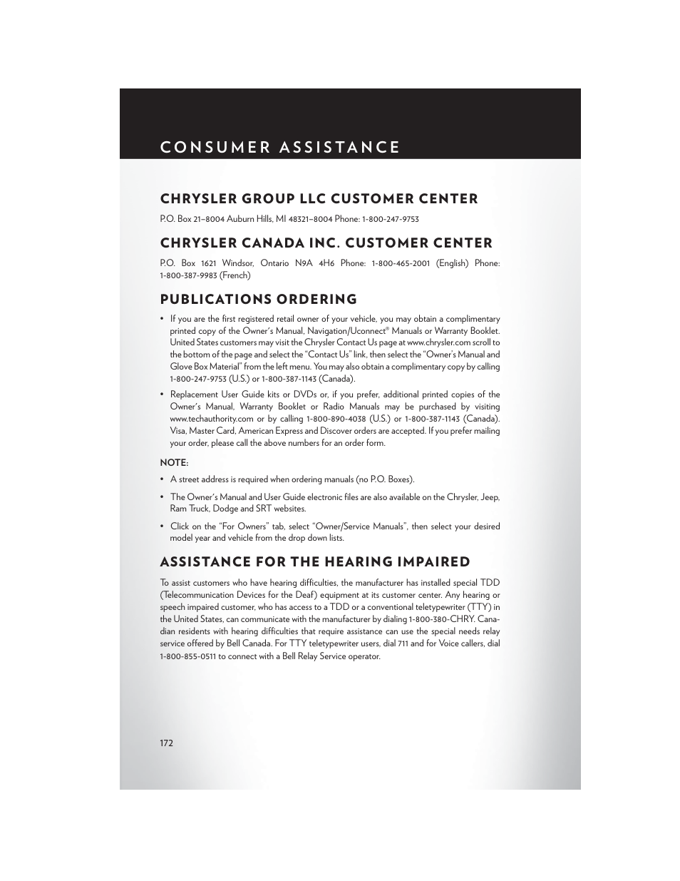 Consumer assistance, Chrysler group llc customer center, Chrysler canada inc. customer center | Publications ordering, Assistance for the hearing impaired, Chrysler group llc customer, Center, Chrysler canada inc. customer, Assistance for the hearing, Impaired | Chrysler 2015 300 - User Guide User Manual | Page 174 / 188