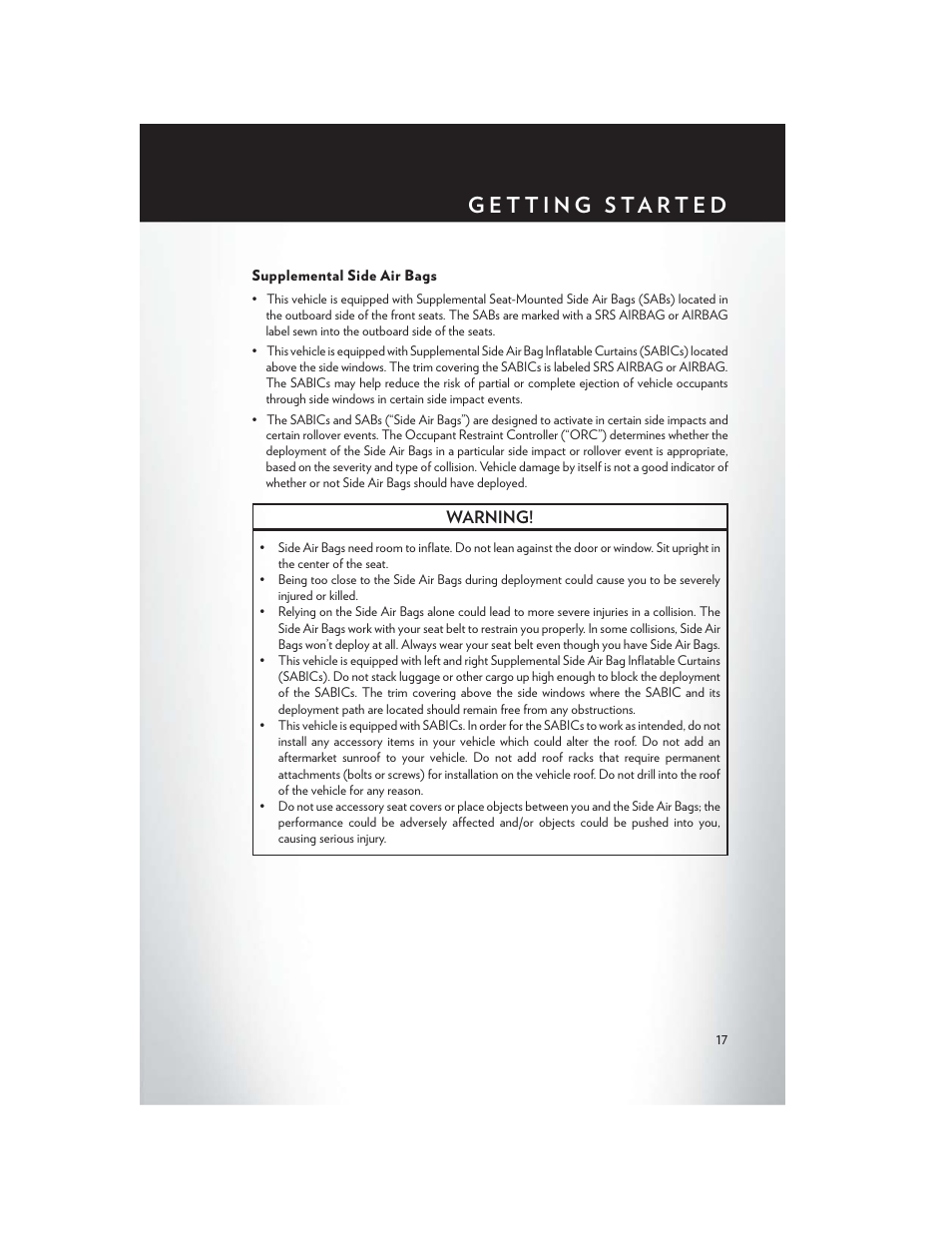 Supplemental side air bags, Warning | Chrysler 2015 300 - User Guide User Manual | Page 19 / 188