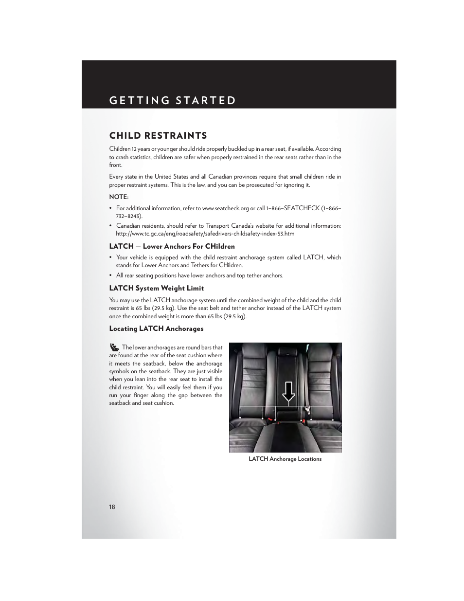 Child restraints, Latch — lower anchors for children, Latch system weight limit | Locating latch anchorages | Chrysler 2015 300 - User Guide User Manual | Page 20 / 188