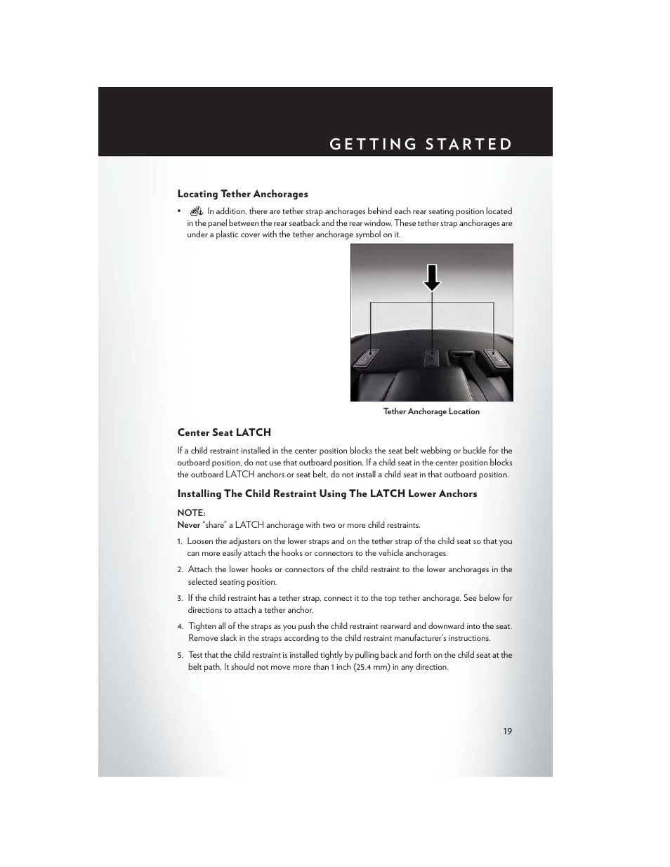 Locating tether anchorages, Center seat latch | Chrysler 2015 300 - User Guide User Manual | Page 21 / 188