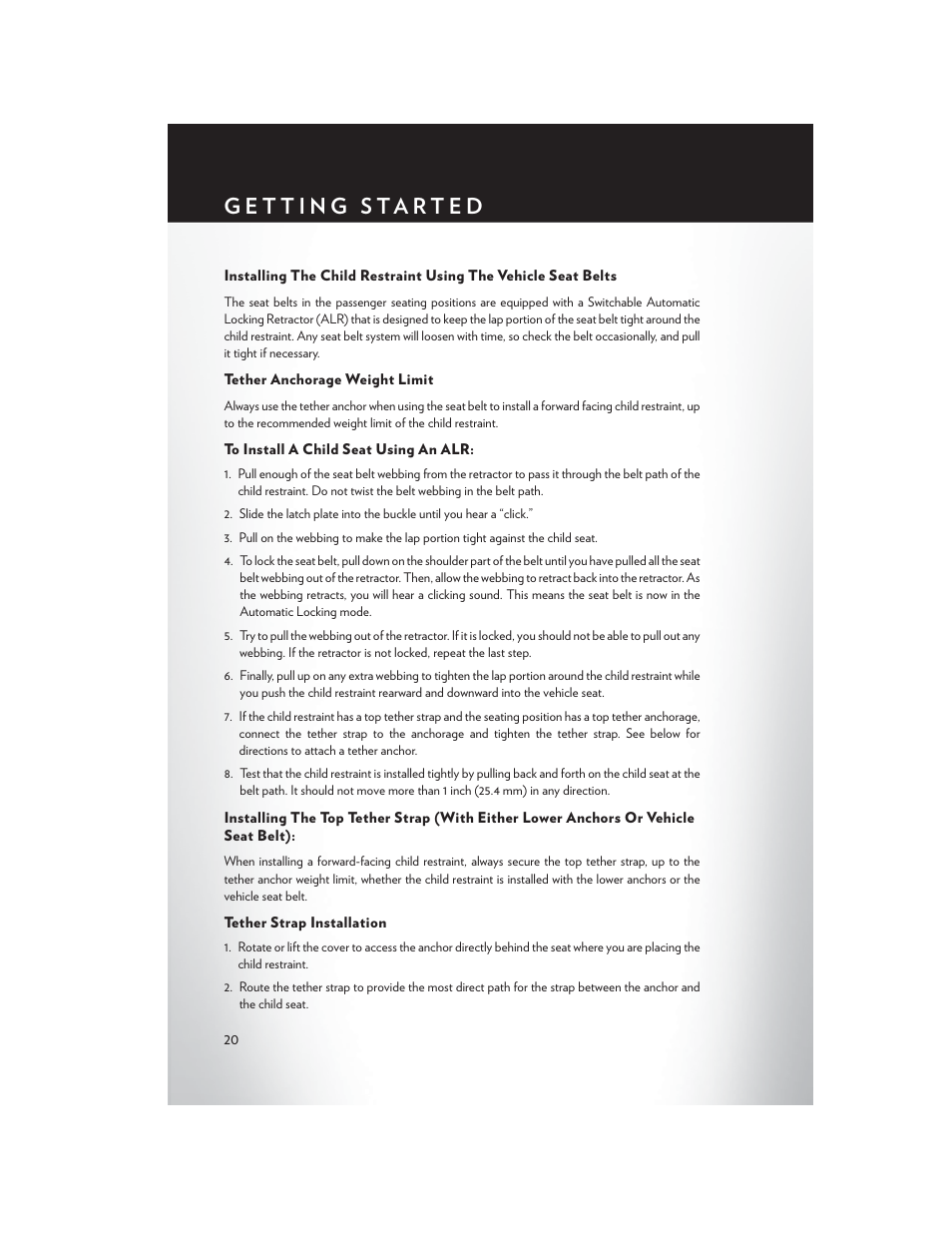 Tether anchorage weight limit, To install a child seat using an alr, Tether strap installation | Chrysler 2015 300 - User Guide User Manual | Page 22 / 188