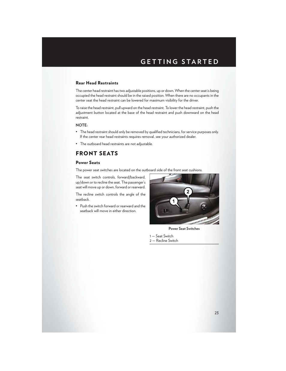 Rear head restraints, Front seats, Power seats | Chrysler 2015 300 - User Guide User Manual | Page 25 / 188