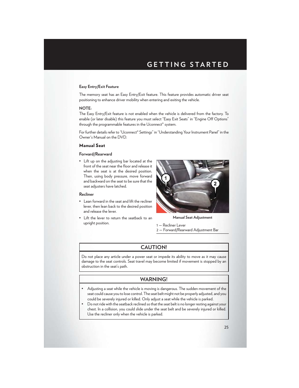 Manual seat, Caution, Warning | Chrysler 2015 300 - User Guide User Manual | Page 27 / 188