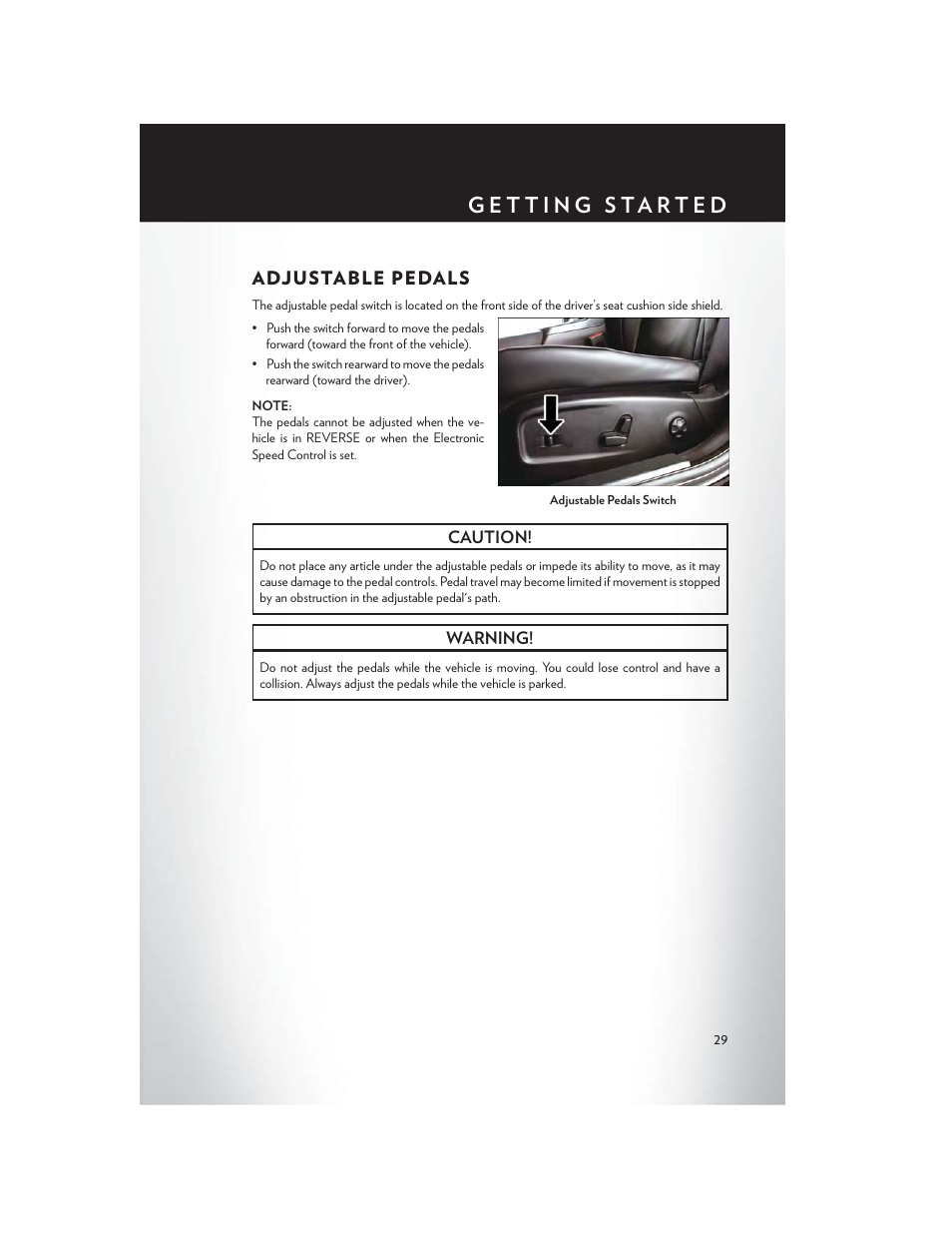 Adjustable pedals | Chrysler 2015 300 - User Guide User Manual | Page 31 / 188