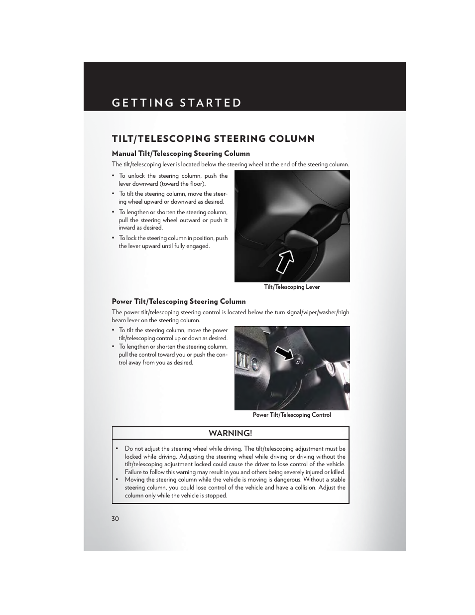 Tilt/telescoping steering column, Manual tilt/telescoping steering column, Power tilt/telescoping steering column | Tilt/telescoping steering, Column | Chrysler 2015 300 - User Guide User Manual | Page 32 / 188