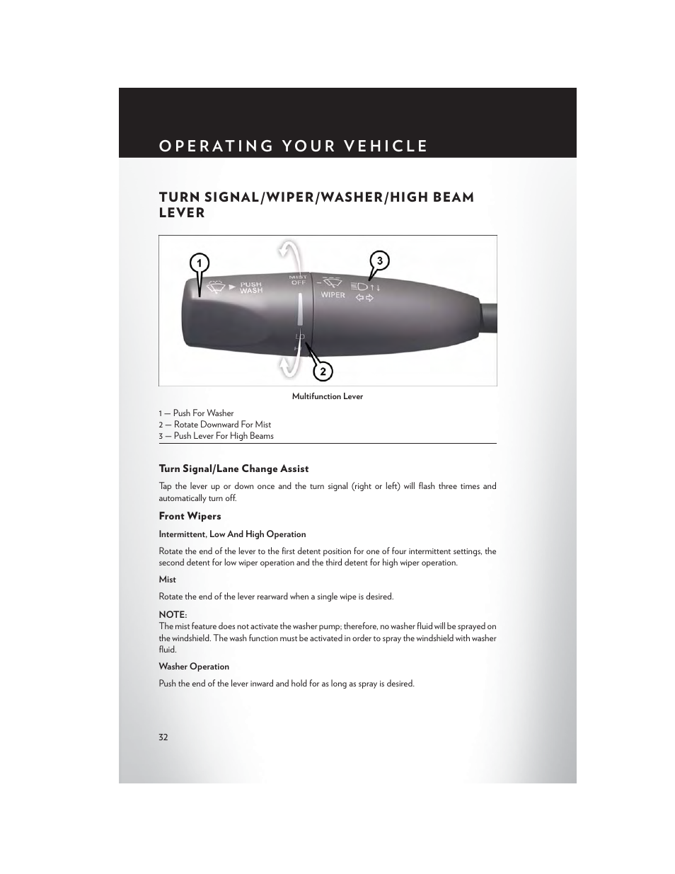 Turn signal/wiper/washer/high beam lever, Turn signal/lane change assist, Front wipers | Turn signal/wiper/washer/high, Beam lever | Chrysler 2015 300 - User Guide User Manual | Page 34 / 188