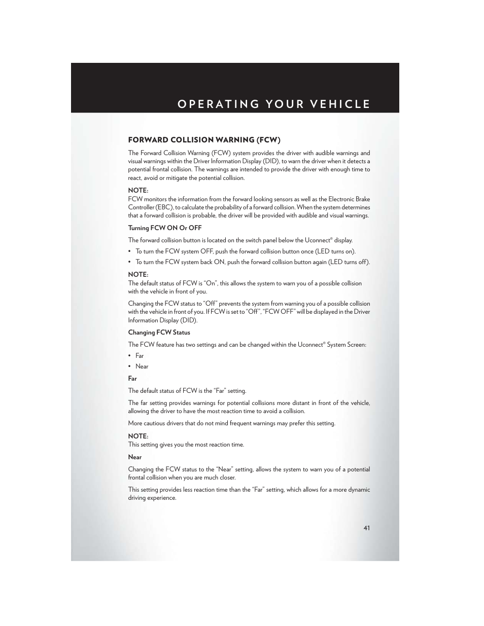 Forward collision warning (fcw) | Chrysler 2015 300 - User Guide User Manual | Page 43 / 188