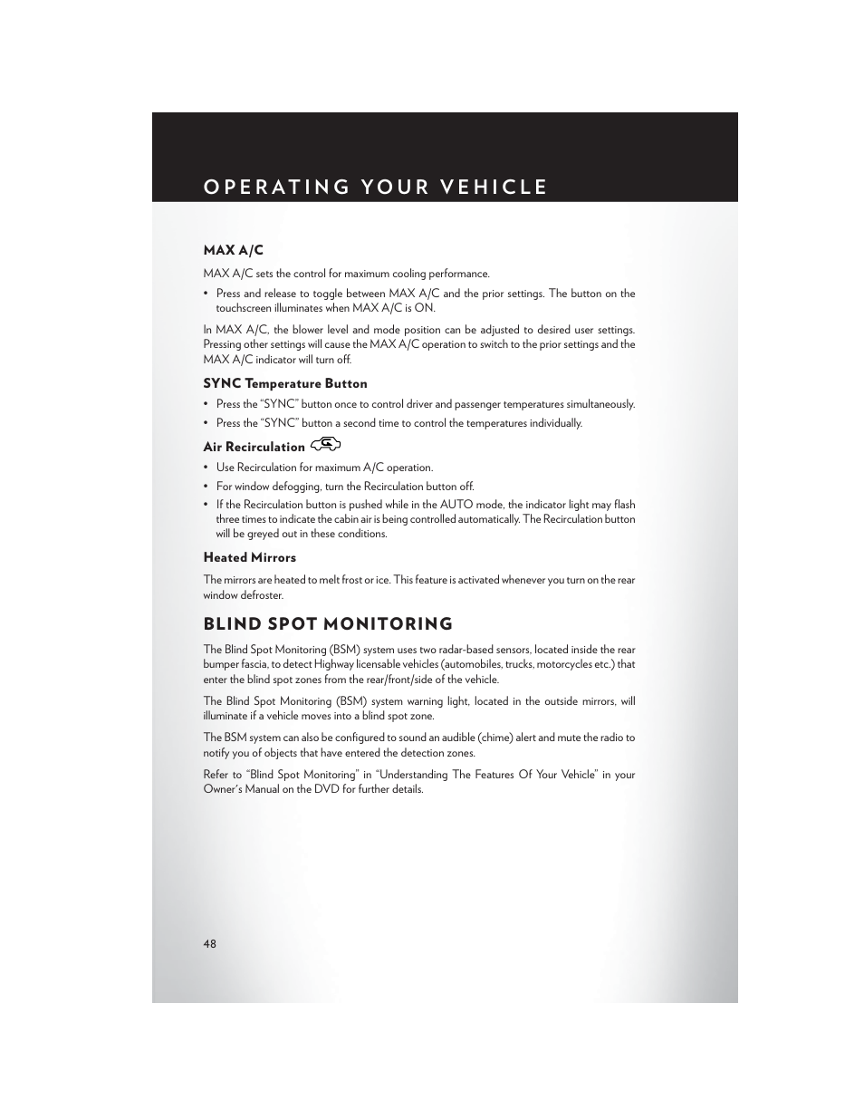 Max a/c, Sync temperature button, Air recirculation | Heated mirrors, Blind spot monitoring | Chrysler 2015 300 - User Guide User Manual | Page 50 / 188