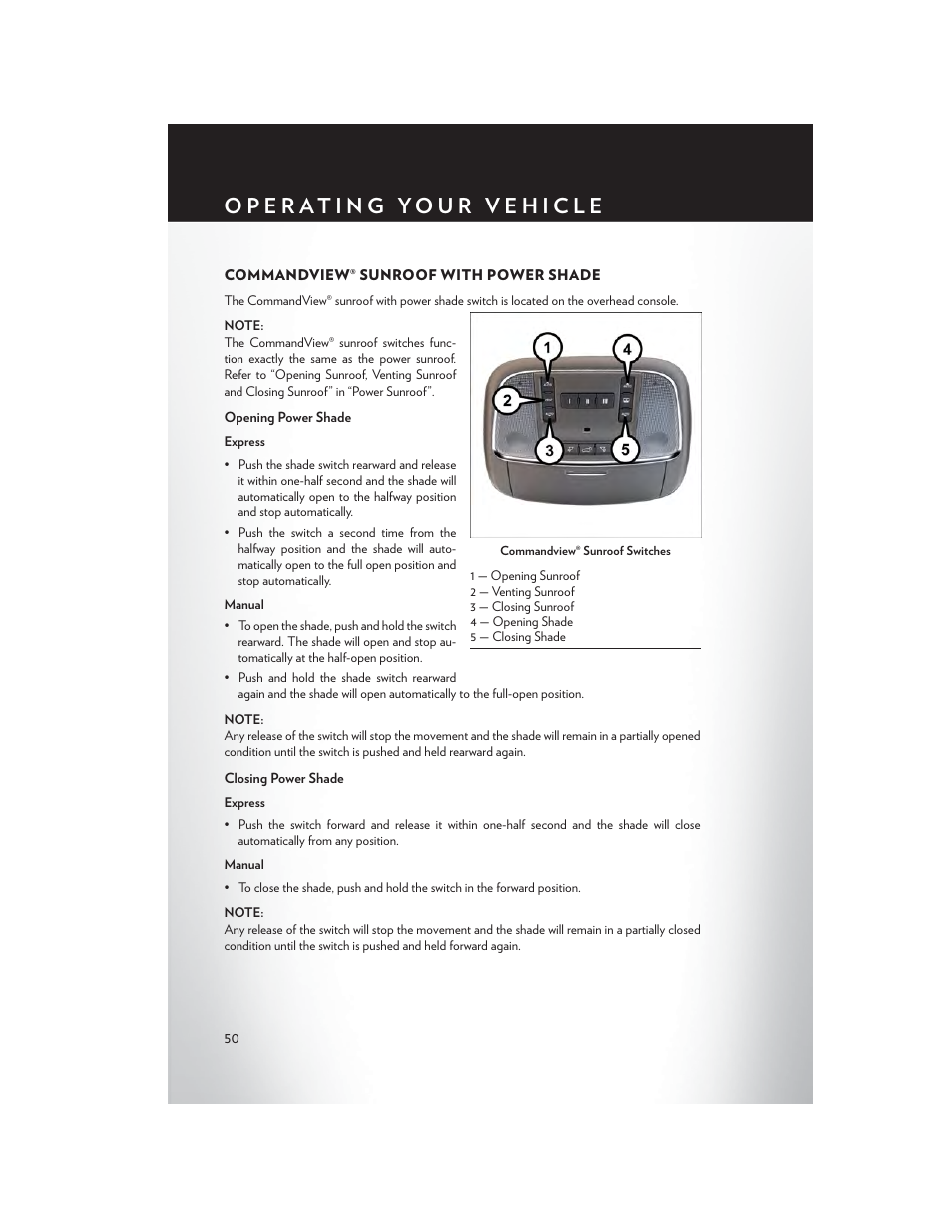 Commandview® sunroof with power shade | Chrysler 2015 300 - User Guide User Manual | Page 52 / 188