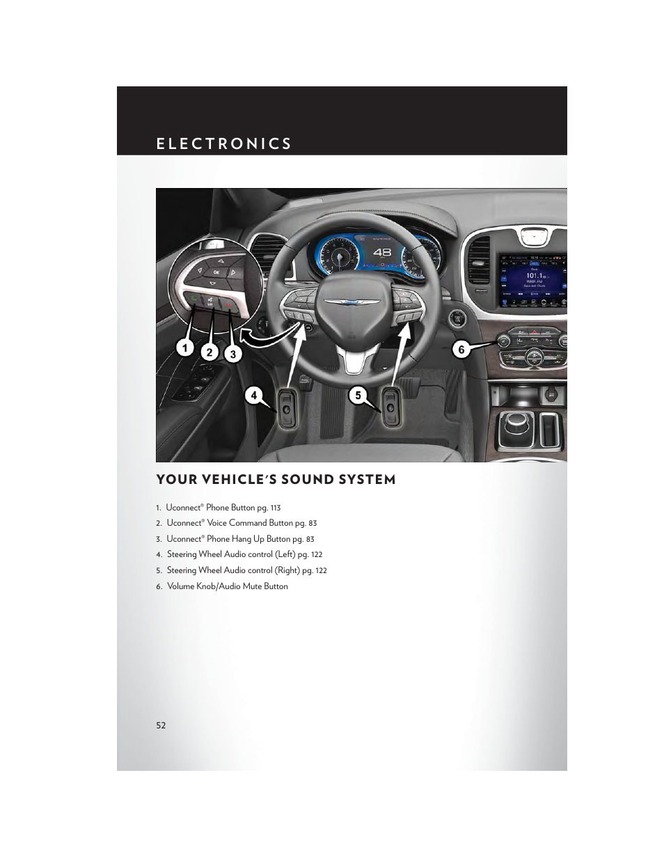 Electronics, Your vehicle's sound system | Chrysler 2015 300 - User Guide User Manual | Page 54 / 188