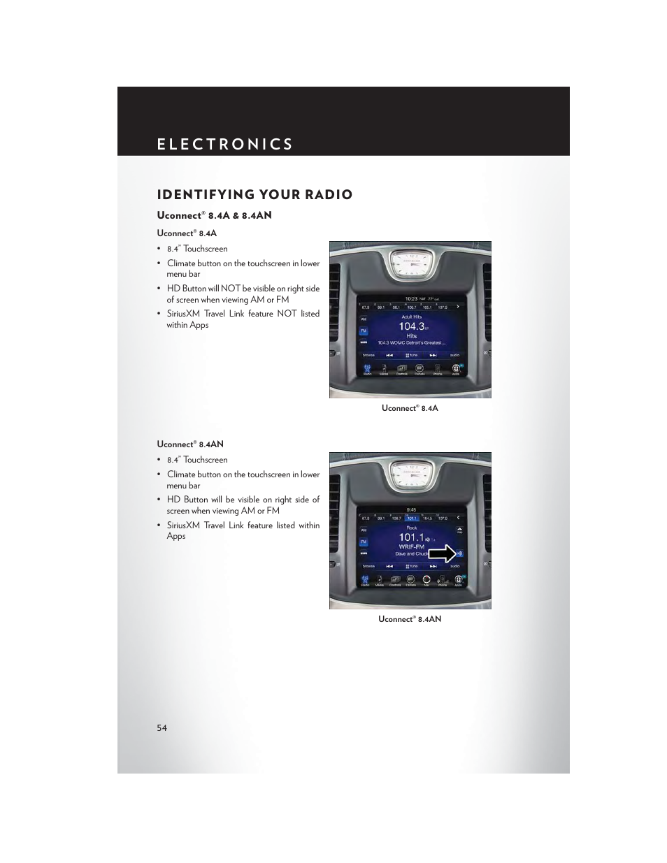 Identifying your radio, Uconnect® 8.4a & 8.4an | Chrysler 2015 300 - User Guide User Manual | Page 56 / 188