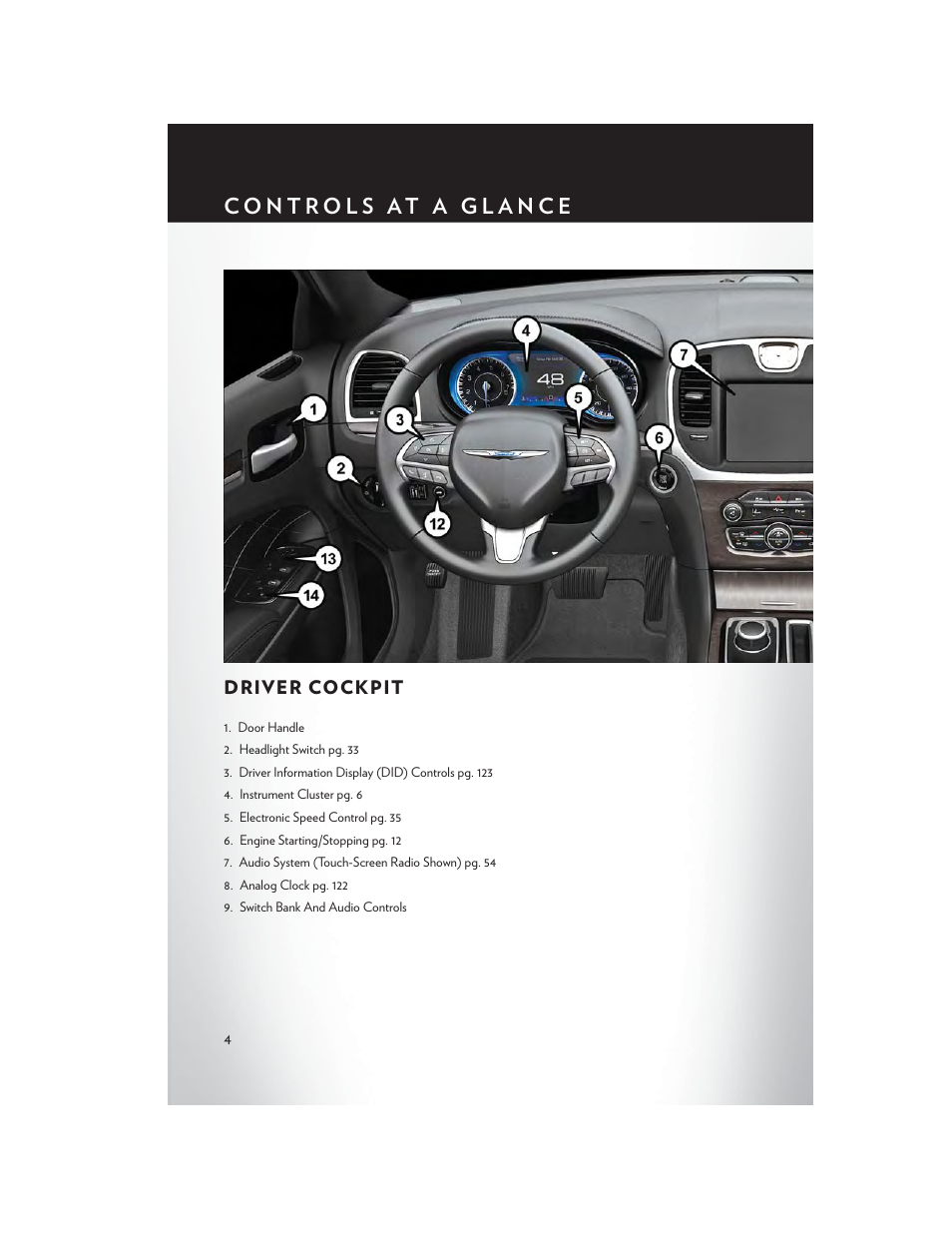 Controls at a glance, Driver cockpit | Chrysler 2015 300 - User Guide User Manual | Page 6 / 188