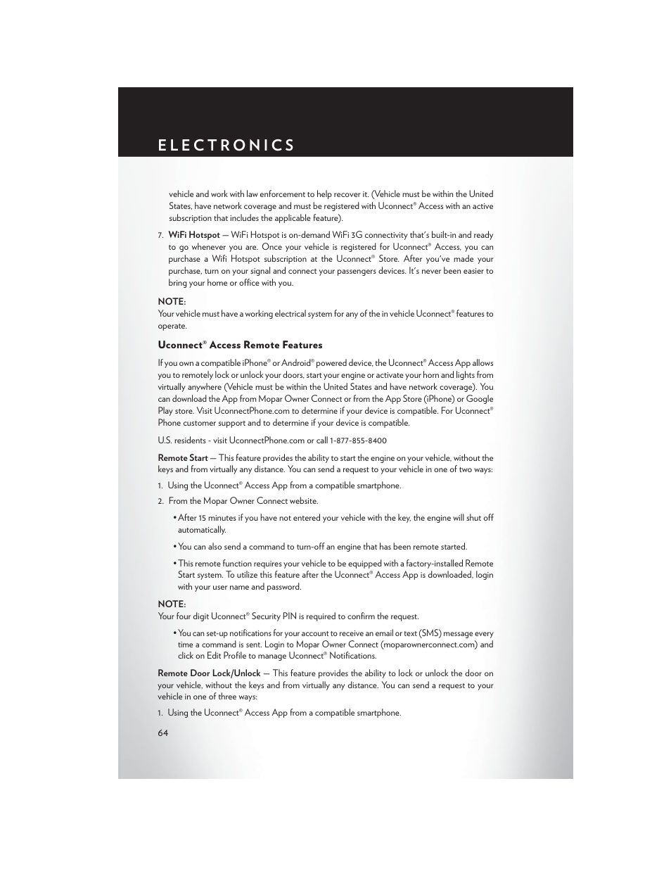 Uconnect® access remote features | Chrysler 2015 300 - User Guide User Manual | Page 66 / 188