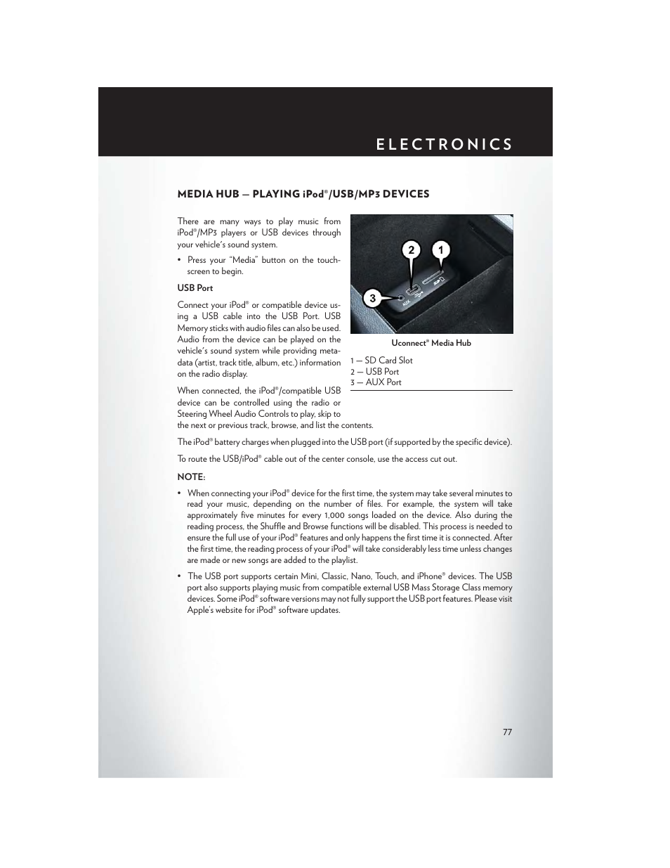 Media hub — playing ipod®/usb/mp3 devices | Chrysler 2015 300 - User Guide User Manual | Page 79 / 188