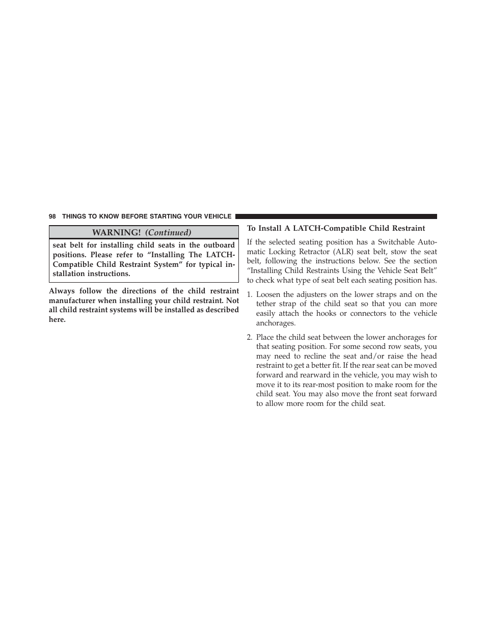 To install a latch-compatible child restraint | Chrysler 2015 200 - Owner Manual User Manual | Page 100 / 694