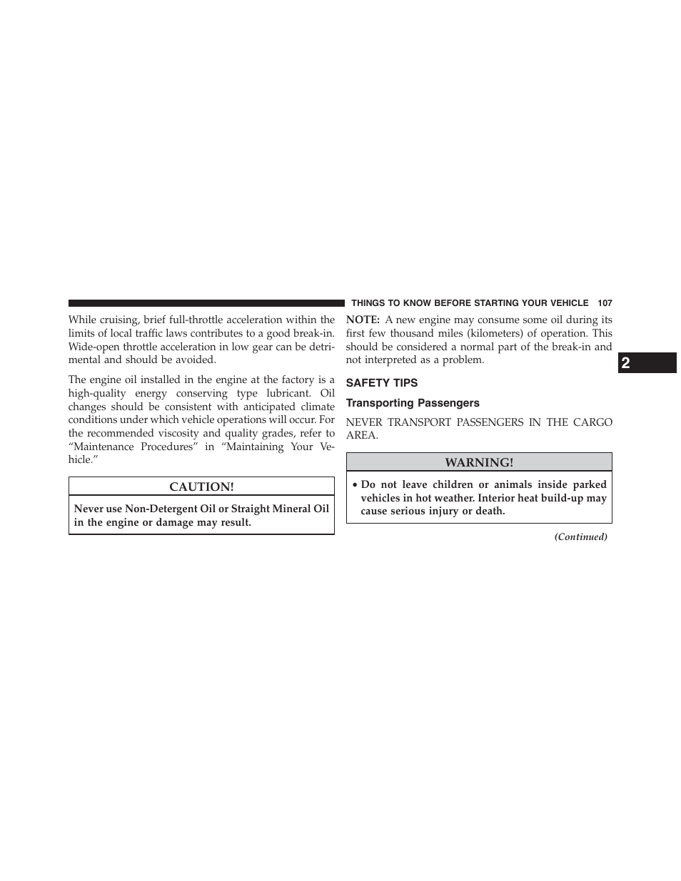 Safety tips, Transporting passengers | Chrysler 2015 200 - Owner Manual User Manual | Page 109 / 694