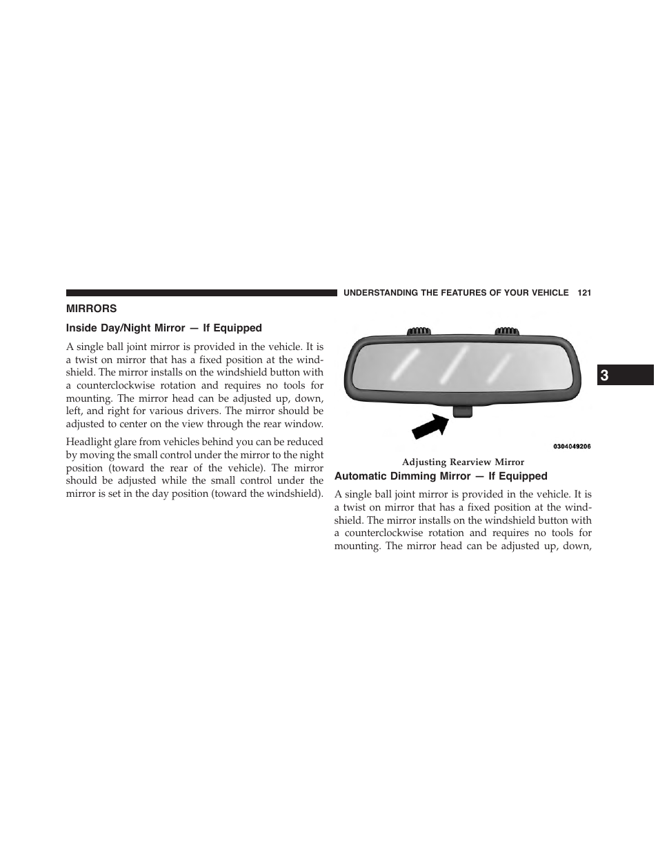 Mirrors, Inside day/night mirror — if equipped, Automatic dimming mirror — if equipped | Chrysler 2015 200 - Owner Manual User Manual | Page 123 / 694