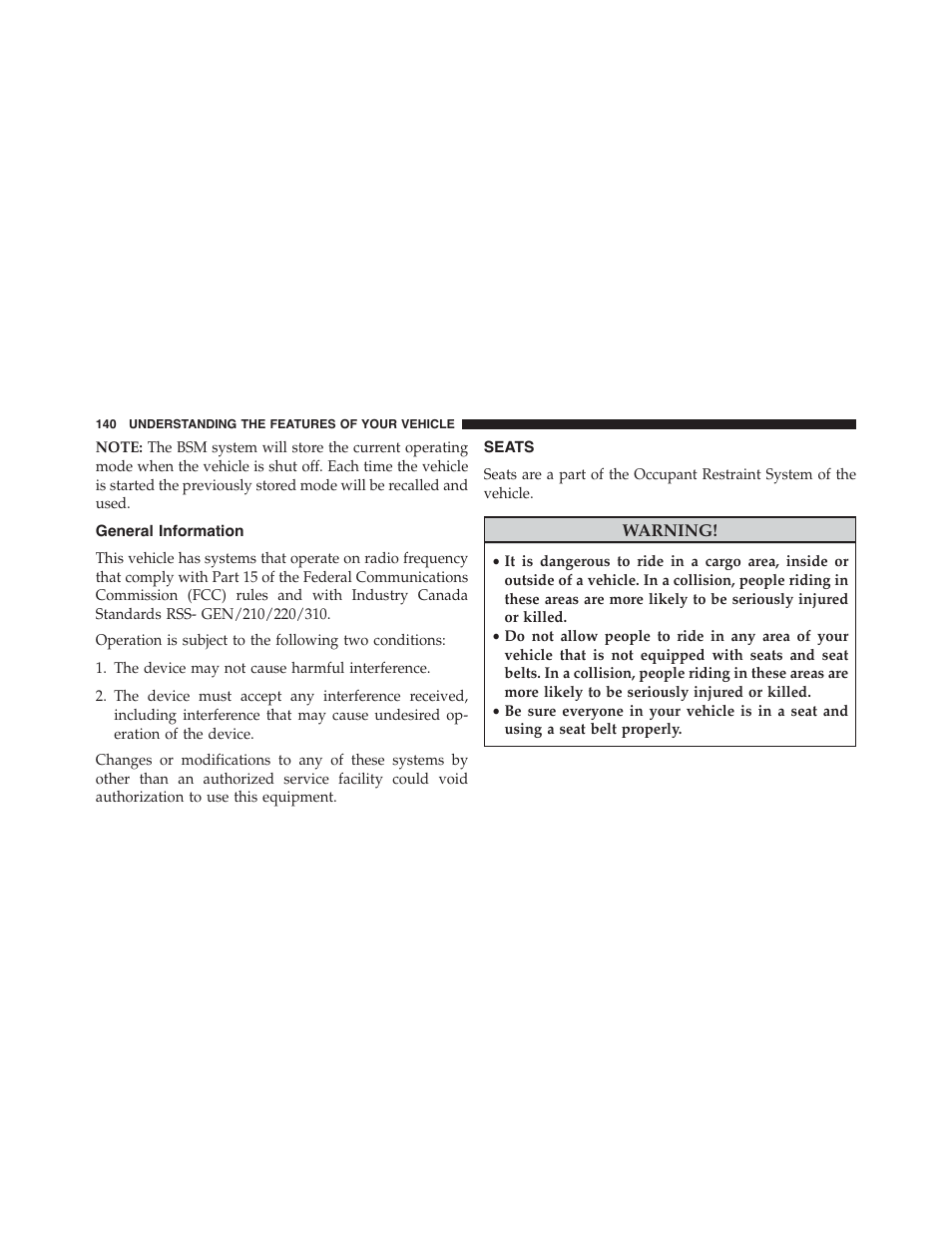 General information, Seats | Chrysler 2015 200 - Owner Manual User Manual | Page 142 / 694