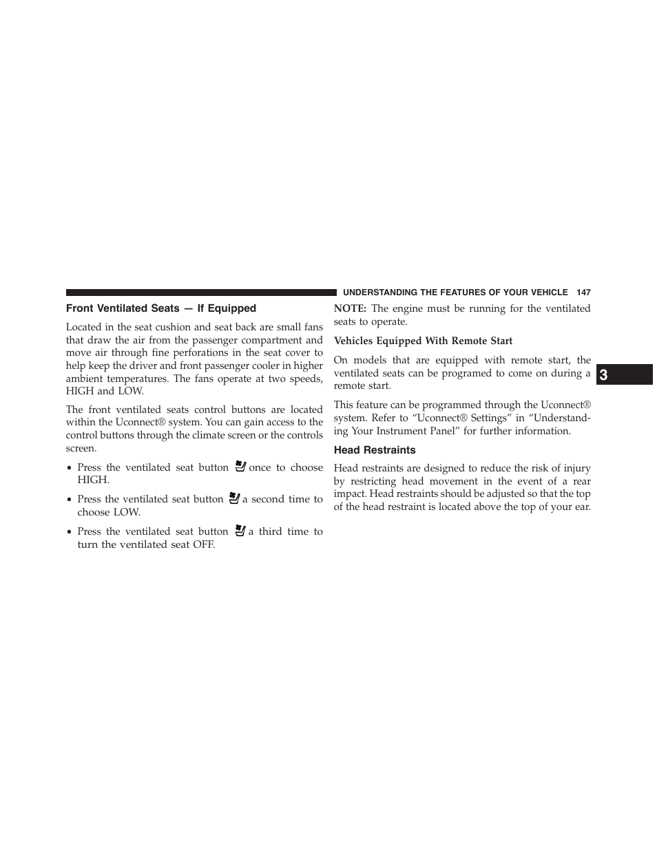 Front ventilated seats — if equipped, Head restraints | Chrysler 2015 200 - Owner Manual User Manual | Page 149 / 694