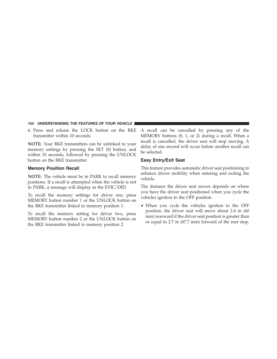 Memory position recall, Easy entry/exit seat | Chrysler 2015 200 - Owner Manual User Manual | Page 156 / 694