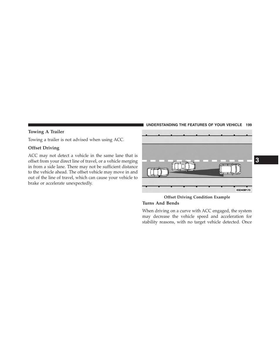 Towing a trailer, Offset driving, Turns and bends | Chrysler 2015 200 - Owner Manual User Manual | Page 201 / 694