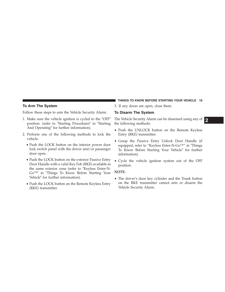 To arm the system, To disarm the system | Chrysler 2015 200 - Owner Manual User Manual | Page 21 / 694
