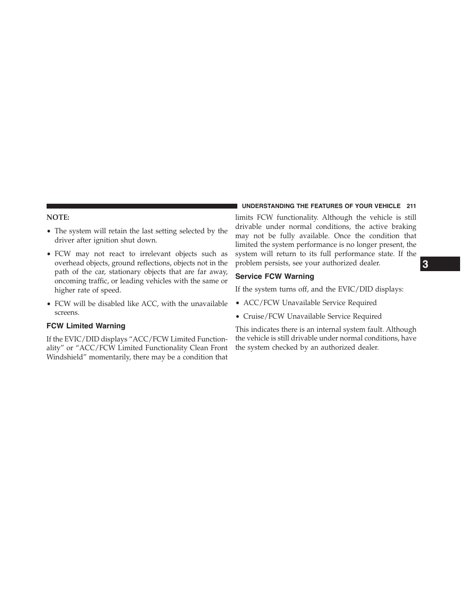 Fcw limited warning, Service fcw warning | Chrysler 2015 200 - Owner Manual User Manual | Page 213 / 694