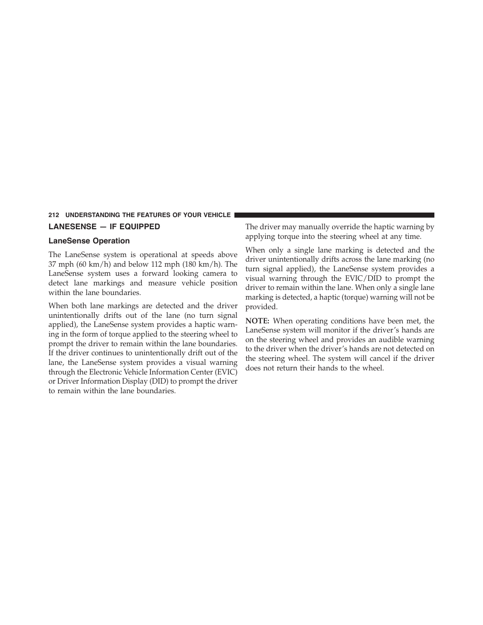 Lanesense — if equipped, Lanesense operation | Chrysler 2015 200 - Owner Manual User Manual | Page 214 / 694