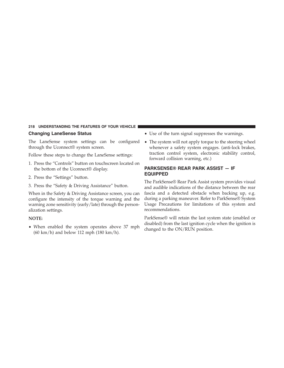 Changing lanesense status, Parksense® rear park assist — if equipped, Parksense® rear park assist — if | Equipped | Chrysler 2015 200 - Owner Manual User Manual | Page 220 / 694