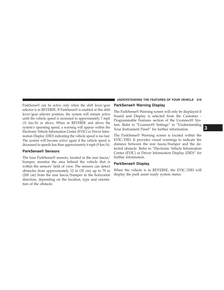 Parksense® sensors, Parksense® warning display, Parksense® display | Chrysler 2015 200 - Owner Manual User Manual | Page 221 / 694
