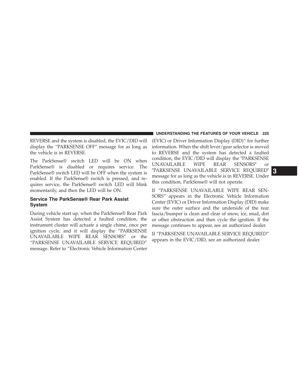 Service the parksense® rear park assist system, Service the parksense® rear park assist, System | Chrysler 2015 200 - Owner Manual User Manual | Page 227 / 694