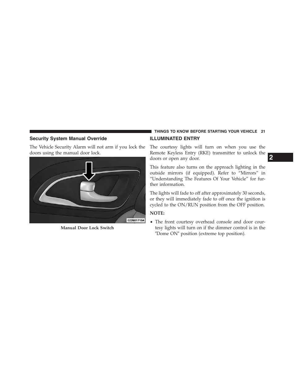 Security system manual override, Illuminated entry | Chrysler 2015 200 - Owner Manual User Manual | Page 23 / 694