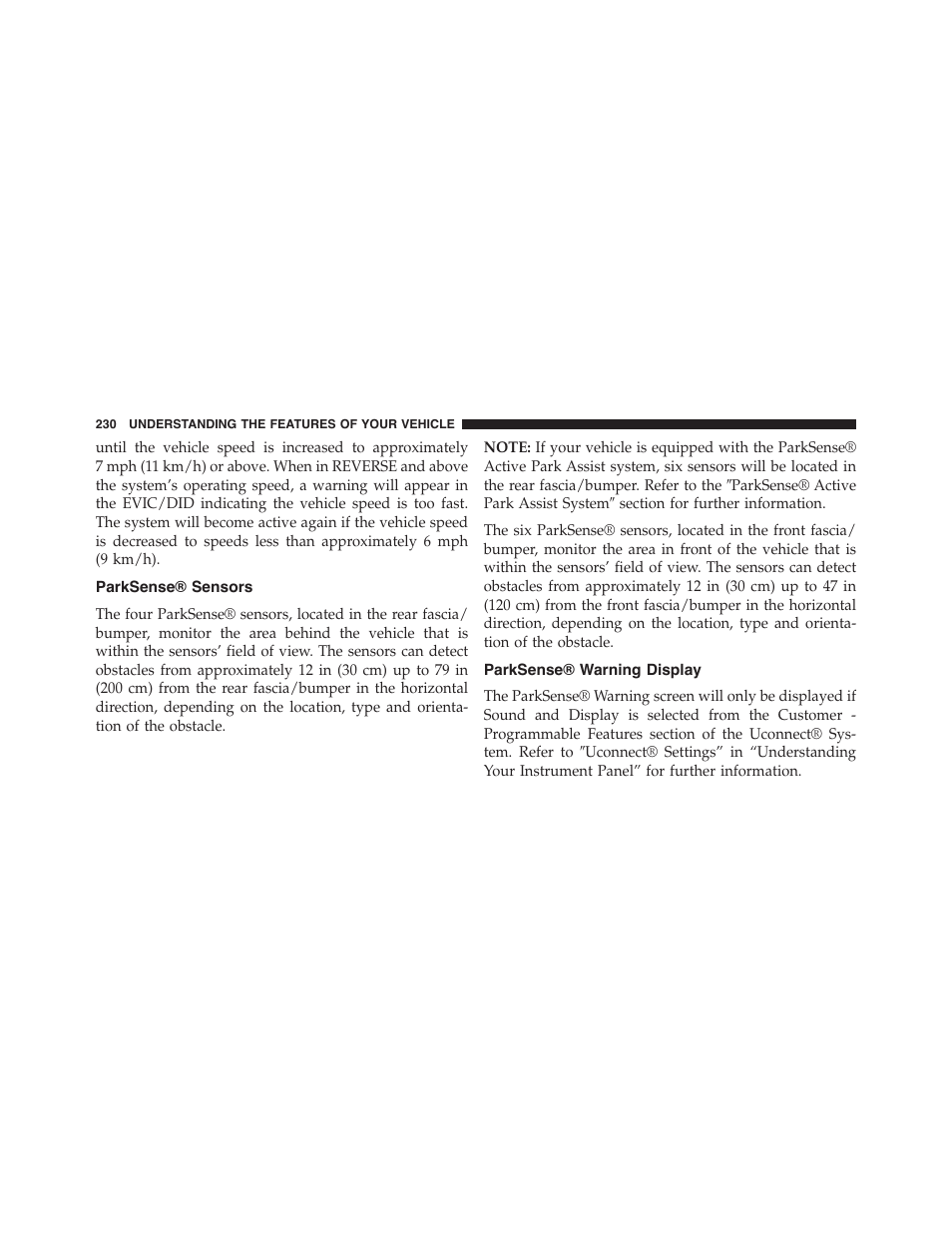 Parksense® sensors, Parksense® warning display | Chrysler 2015 200 - Owner Manual User Manual | Page 232 / 694