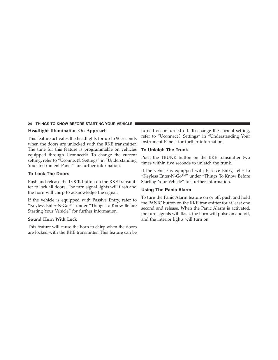 Headlight illumination on approach, To lock the doors, Sound horn with lock | To unlatch the trunk, Using the panic alarm | Chrysler 2015 200 - Owner Manual User Manual | Page 26 / 694