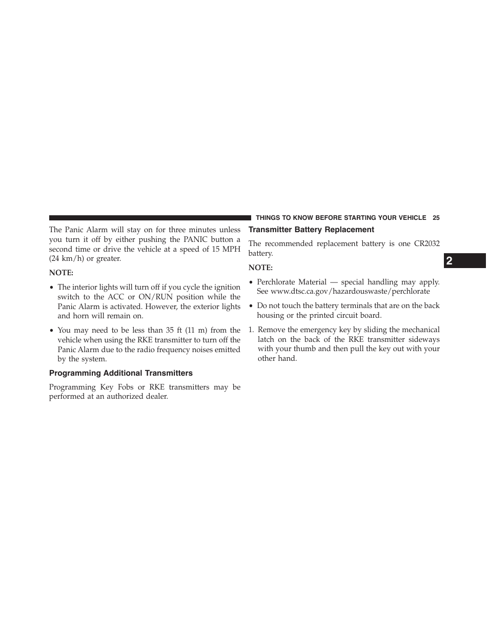 Programming additional transmitters, Transmitter battery replacement | Chrysler 2015 200 - Owner Manual User Manual | Page 27 / 694