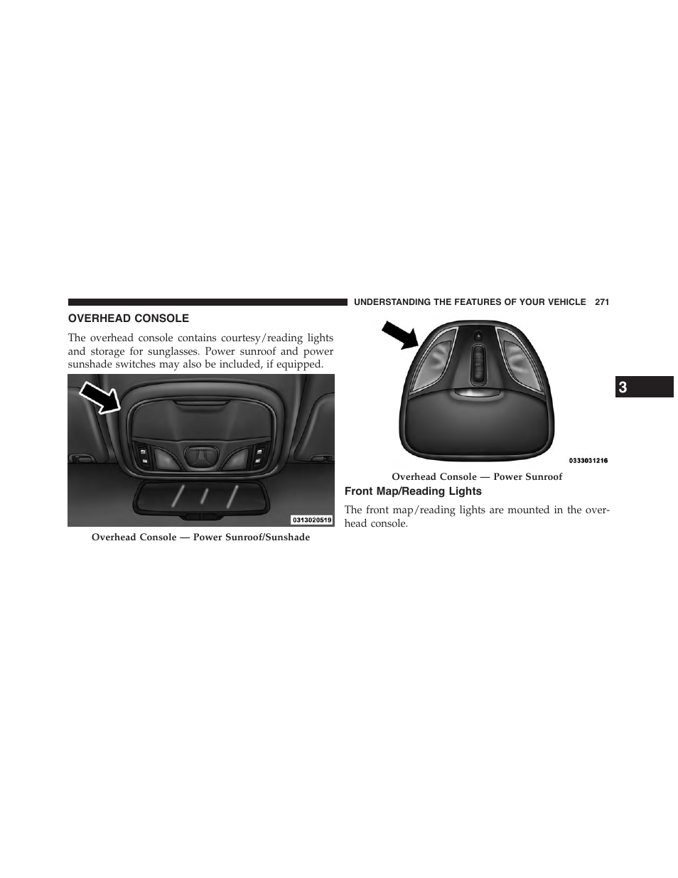 Overhead console, Front map/reading lights | Chrysler 2015 200 - Owner Manual User Manual | Page 273 / 694