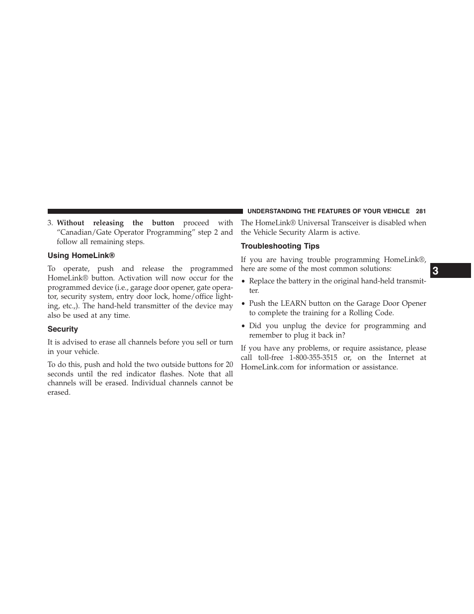Using homelink, Security, Troubleshooting tips | Chrysler 2015 200 - Owner Manual User Manual | Page 283 / 694