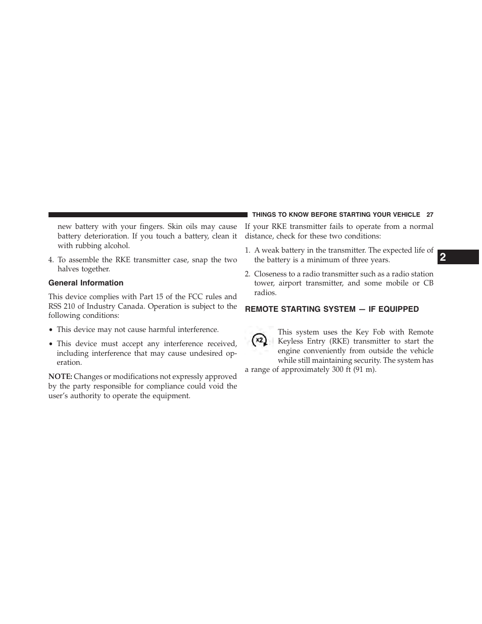 General information, Remote starting system — if equipped, Remote starting system | If equipped | Chrysler 2015 200 - Owner Manual User Manual | Page 29 / 694